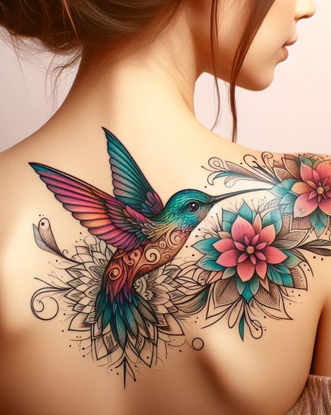 Catch the essence of pure joy and speed with hummingbird inspired tattoos on your shoulder and back. Their lively, colorful presence adds a touch of magic and a dash of resilience to your ink collection. Hummingbird Tattoo Side Ribs, Back Tattoo Hummingbird, Tattoo Of Hummingbird, Jamaican Hummingbird Tattoo, Mandala Hummingbird Tattoo, Large Shoulder Tattoos For Women, Color Shoulder Tattoo, Sunflower And Hummingbird Tattoo, Color Hummingbird Tattoo