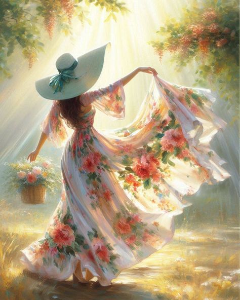 🌸🎨 Dancing in the Sunlight 🎨🌸 Step into a world of elegance and tranquility with this stunning AI-generated art piece, inspired by Japanese oil painting. A woman dances gracefully in a sunlit garden, her floral flowing dress and wide-brimmed hat capturing the essence of serenity and joy. The delicate brushstrokes and vibrant colors bring this moment of pure bliss to life, inviting you to lose yourself in its beauty. Let this enchanting scene remind you of the simple pleasures and the beauty... Flower Images Pictures, Serene Art, Bird Carving Patterns, Graceful Woman, Colorful Floral Art, Dancing Woman, Dancing Art, Flowing Dress, Brimmed Hat