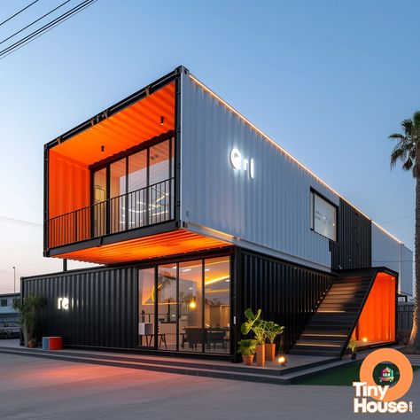 Looking for design inspo for your container house? Check out this stunning shipping container home with a brutalist design flair! The white, orange, and black color scheme adds a bold touch. Share what elements you'll be incorporating into your own container house below! #ContainerHouse #BrutalistDesign #Inspiration Industrial House Exterior, Container House Interior, Mobile Shop Design, Shipping Container Office, Modular Home Designs, Tiny Container House, Container Office, Shipping Container House Plans, Shipping Container Home