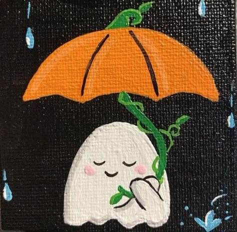 Cute Spooky Canvas Painting, Acrilic Paintings Ideas Fall, Mini Easel Painting Ideas, Pumpkin Wood Painting, Canvas Ghost Painting, Ghost Holding Pumpkin Painting, Ghost Painting Ideas Easy, Mini Halloween Canvas Paintings, Fall Simple Painting