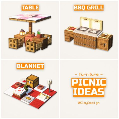 Minecraft Garden Furniture, Minecraft Refrigerator Ideas, Minecraft Cafe Tables, Minecraft Noodle Shop, Idea For Minecraft, Patio Minecraft Ideas, Bakery Minecraft Build, Picnic Spot Minecraft, Minecraft Kitchen Island