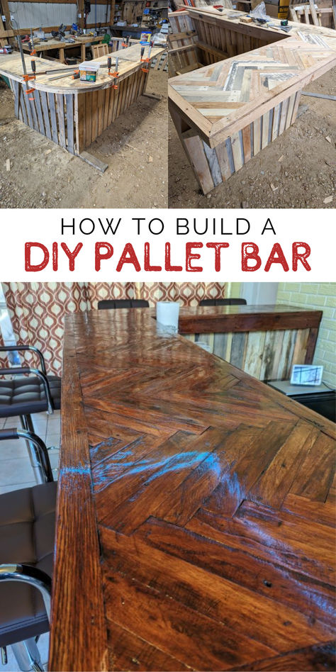 This DIY Pallet Bar adds a unique, custom space in your home for parties, get-togethers, and more. Learn how to build this pallet wood project with a beautiful herringbone-patterned bar top in this step-by-step tutorial. Wood Pallet Bar Diy, Pallet Kitchen Table Diy, Diy Bar Makeover, Pallet Bars Indoor, Diy Pallet Bar Indoor, How To Build A Home Bar, Build Your Own Bar Ideas, Diy High Top Bar Table, Bar Top Table Ideas