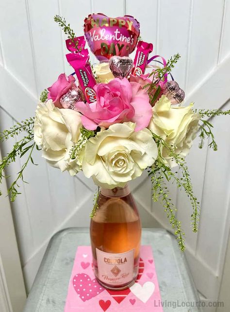 Wine Mothers Day Gifts, Champagne Bottle Bouquet Gift, Mother’s Day Simple Gift, Champagne Bouquet Gift, Wine Bottle Basket Gift Ideas, Soda Candy Bouquet Diy, Champagne With Flowers, Bottle And Flowers Gift, Wine Party Centerpiece Ideas