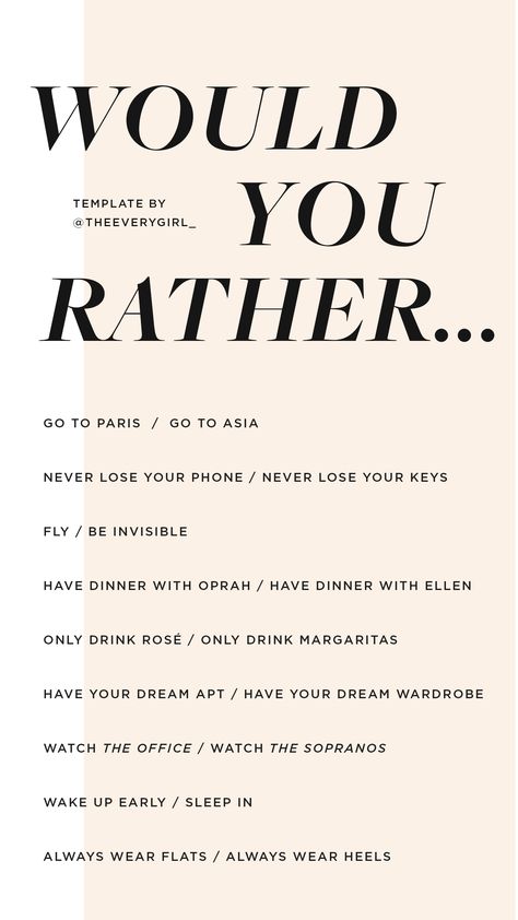 The Everygirl's Instagram Story Templates - The Everygirl Fast Talk, Story Content, Questions To Get To Know Someone, Random Questions, Instagram Story Questions, Instagram Questions, Would You Rather Questions, Truth And Dare, Couple Activities