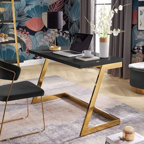 ICYMI: 15 Best Desks for Small Spaces Gold Living, Gold Office, Glam Furniture, Classic Desk, Desks For Small Spaces, Unique Desks, Trendy Furniture, Jewelry Clothing, Show Room