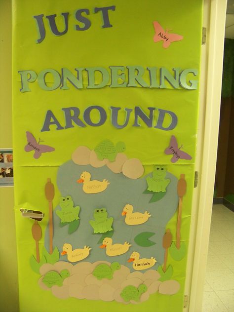 Classroom Door: Pond Life theme Pond Theme Classroom Decor, Pond Classroom Theme, Pond Bulletin Board, Frog Classroom Decorations, Frog Classroom Theme, Frog Preschool, Yellow Classroom, Frog Bulletin Boards, Pond Life Theme