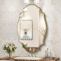 Oval Mirror Decor, Wall Mirror Design, Gold Bathroom Vanity, Gold Vanity Mirror, Vintage Gold Mirror, Powder Room Mirror, Oval Mirror Bathroom, Scalloped Mirror, Mirror For Living Room