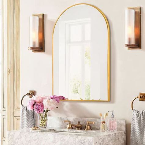 Modern Arch Bathroom Wall-mounted Mirror Vanity Mirror - Bed Bath & Beyond - 37170130 Arch Bathroom Mirror, Arch Bathroom, Gold Arch Mirror, Gold Vanity Mirror, Salon Gold, Arched Wall Mirror, Arched Wall, Wall Vanity, Entryway Mirror