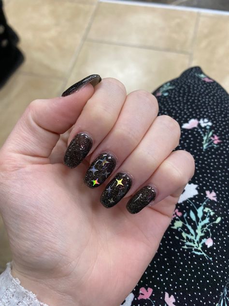 Nails With Star Stickers, Black Nails With Stickers, Black Glitter Cute Simple Medium Nails 3d Flowers, Black Glitter Star Nails, Black Nails With Sparkles, Glitter Nails With Stars, Star Glitter Nails, Black Nails Glitter, Black Star Nails