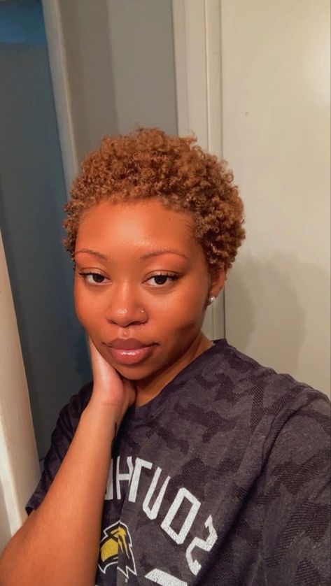 Dyed Natural Hair Short For Black Women, Short Ginger Natural Hair, Honey Blonde Short Natural Hair Black Women, Low 4c Haircut, Short Haircut With Design Black Women, Chocolate Brown Short Hair Black Women, 4c Natural Hair Dyed Brown Short, Colored Twa Natural Hair 4c, Honey Blonde Big Chop