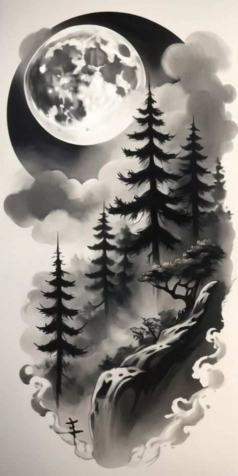 Forest Nature Drawing, Forest Background Tattoo, Black Forest Tattoo Design, Design Tattoo Black And Grey, Forest Tattoo Sketch, Moon Nature Tattoo, Forest Trees Tattoo, Forrest Tattoo Designs, Tree Forest Tattoo