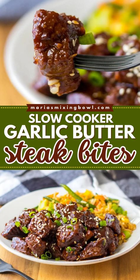 Try this easy slow cooker recipe for garlic butter steak bites! With tender, juicy stew beef and mushrooms in a rich, buttery honey garlic sauce, this crockpot dish is delicious. Save this simple dinner idea! Slow Cook Steak Bites, Crockpot Tenderized Steak, Steak Bites Recipes Crockpot, Best Crockpot Recipes Dinners Beef, Stew Bites Recipe, Garlic Butter Steak Tips Crock Pot, Weeknight Dinner Ideas Crockpot, Crock Pot Garlic Steak Bites, Steak Bite Crockpot Recipe