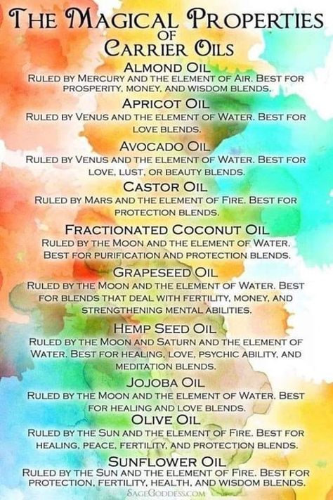 Magical Proerties of carrier ois for blending of essential oils Spell Oils, Magick Oil, Magical Oils, Magickal Herbs, Essential Oils Guide, Witch Tips, Magic Herbs, Witch Spirituality, Essential Oil Blends Recipes