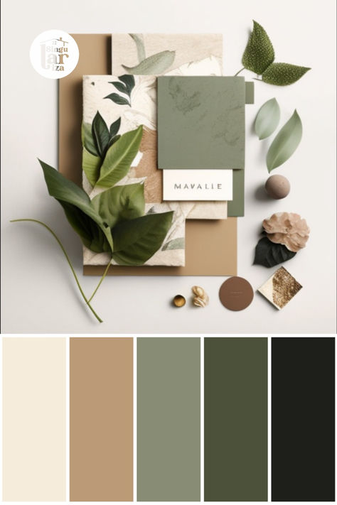 Paleta de cores e Material Board para inspiração feito por uma Design de Interiores, com as cores verde, marrom, bege, caramelo, cinza, folhas, estampas e tecidos. Pensado para inspirar salas de estar e jantar, áreas de convivência comum. Palette Green, Material Board, Green Palette, Material Palette, Mood Board Inspiration, Vintage Room, February 15, Colour Schemes, Color Pallets