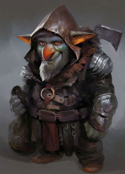 Goblin, Yuan Cui on ArtStation at https://www.artstation.com/artwork/ZbQzX Fae Characters, Pandaren Monk, Deep Gnome, Goblin Art, Heroic Fantasy, Dungeons And Dragons Characters, Dnd Art, Wow Art, Fantasy Warrior