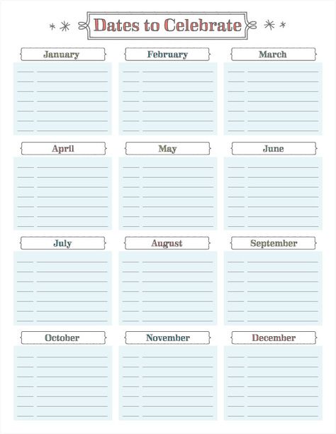 VERY HANDY! Add it to your binder. Free Dates to Celebrate Perpetual Calendar Printable from Delightful Distractions Homemaking Binder, Christmas Gift Planner, Etsy Planner, Calendar 2018, Free Calendar, Birthday Calendar, Year Resolutions, Organization Printables, Planner Binder