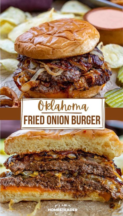 An Oklahoma Fried Onion Burger is two beef patties smashed down onto piles of fried onions and topped with cheese, served between a toasted hamburger bun. It sounds so simple, yet it is so delicious, especially with homemade fry sauce generously spread on the bun. You can certainly top the burger with your favorite fixings, but I encourage you to take at least one bite before adding anything else! Smashed Onion Burger, Smashed Burgers Recipe, Oklahoma Fried Onion Burger, Hamburgers Recipes, Onion Burger Recipe, Onion Burgers, Hamburger Dishes, Dorm Food, Bbq Burger