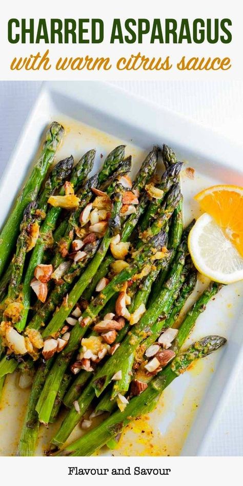 Crunchy toasted almonds, lemon, orange and garlic add bright flavours to crisp-tender asparagus in this recipe for Charred Asparagus with Warm Citrus Sauce. #keto #paleo #side #asparagus #lemon #orange #almonds #flavourandsavour Citrus Sauce, Holiday Side, Paleo Recipes Easy, Sprouts With Bacon, Keto Side Dishes, Roasted Asparagus, Asparagus Recipe, Toasted Almonds, Vegetable Sides