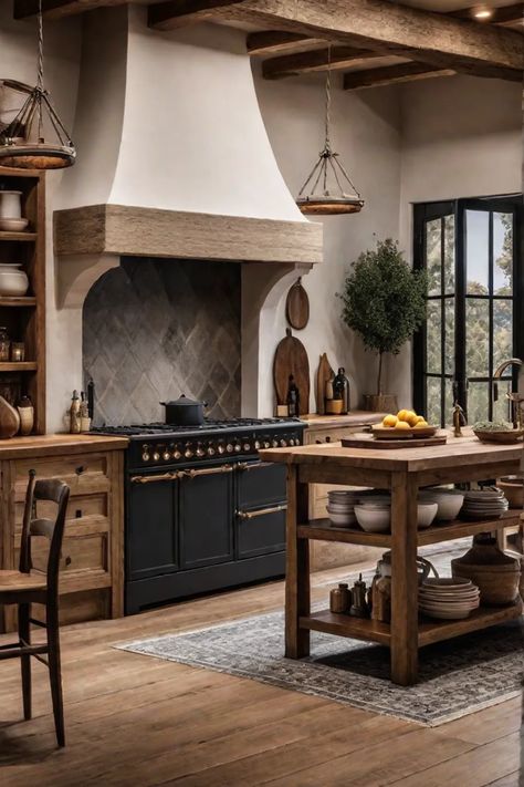 Warm and inviting French country kitchen with rustic elements Belgian Style Kitchen, French Country Wood Kitchen Island, French Eclectic Kitchen, Rustic Wood Range Hood, French Countryside Kitchen Rustic, Limestone Hood Kitchen, French Country Range Hood, European Farmhouse Kitchen Inspiration, Tudor House Kitchen