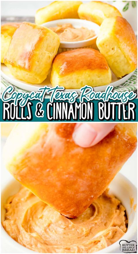 Copycat Texas Roadhouse Rolls made at home with a buttery homemade dough, then baked & slathered with cinnamon honey butter of course! Fantastic homemade dinner roll recipe that are a perfect copycat for Texas Roadhouse! #RoudhouseRollRecipe #CopycatTexasRoadhouse Texas Roadhouse Sides, Roadhouse Rolls Recipe, Texas Roadhouse Cinnamon Butter, Butter Roll Recipe, Texas Roadhouse Rolls Recipe, Copycat Texas Roadhouse Rolls, Smoked Meatloaf Recipe, Texas Roadhouse Butter, Candy Cookies Recipes