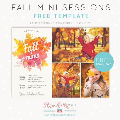 FREE fall mini sessions template for photographers Free Photography Templates, Mini Sessions Template, Studio Mini Sessions, Photoshop Templates Free, Photographer Templates, Photography Marketing Templates, Manual Photography, Mini Session Template, Christmas Tree Coloring Page