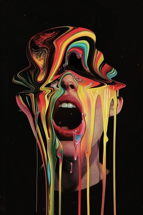 Face Dripping Art, Surreal Art Portrait, Melting Painting Art, Dripping Art Drawing, Head Explosion Art, Mouth Tongue Out Drawing, Famous Art Styles, Pop Art Surrealism, Unmasking Art