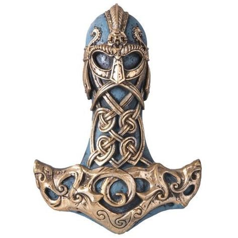 Unleash the power of Thor's mighty hammer with this stunning wall plaque statue! Crafted with intricate detail, this piece features a turquoise blue base entwined with a beautifully detailed gold armor, perfectly complementing Thor's iconic weapon. Designed by Alchemy Studios in England, this high-quality poly-resin giftware is a must-have for any fan of Celtic and Norse mythology. Measuring 8"x6" (sizes may vary), this official Vault original is sure to make a statement on any wall. Don't miss Thor Hammer Tattoo, Nordic Artwork, Viking Home Decor, Hammer Tattoo, Arte Viking, Viking Decor, Symbole Viking, Alchemy Gothic, Norse Tattoo