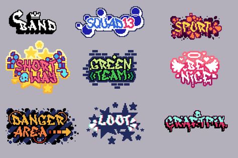 Video Game Graffiti, Graffiti Concept Art, Pixel Illustration Graphic Design, Pixel Art Typography, Pixel Art Logo Design, Pixel Logo Design Ideas, Pixel Art Sign, Pixel Art For Games, Pixel Art Graphic Design