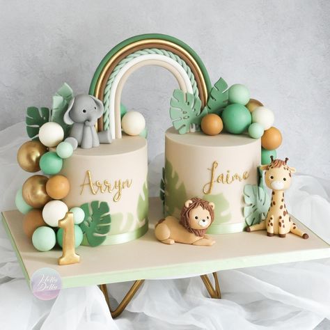 Safari Jungle Birthday Cake, Jungle Animal Cake, Jungle Safari Cake, Jungle Birthday Cakes, Wild Baby Shower, Jungle Balloons, Animals Cake, Twins Cake, Jungle Cake