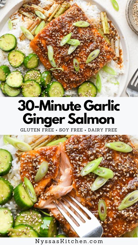 This 30-minute garlic ginger glazed salmon is the new easy salmon recipe you need in your weekly meal rotation! It comes together quickly (no marinade time!) and is made with just a handful of pantry staples. The recipe makes two servings but can easily be doubled to serve four. Gluten free, soy free, and naturally sweetened with a bit of honey! Garlic Ginger Salmon, Salmon Recipes Gluten Free Dairy Free, Aip Salmon Recipes, Ginger Salmon Recipes, Ginger Salmon Marinade, Salmon Asian Recipes, Asian Salmon Marinade, Garlic Salmon Recipes, Dairy Free Salmon Recipes