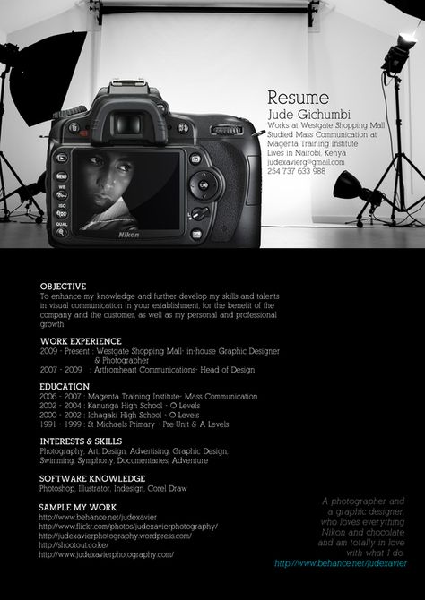 An interesting photography resume Cv Design Photographer, Creative Resume For Graphic Designer, Photography Resume, Photographer Resume, Cv Photographer Creative Cv, Cv Original Design, Creative Cvs, Artist Resume Creative Cv, It Cv