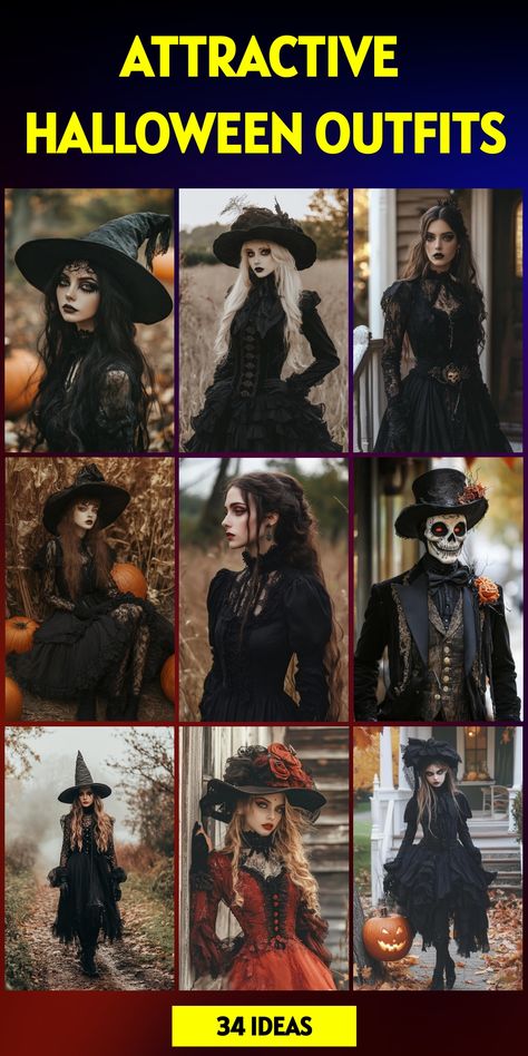 Embrace the dark side of fashion with these hauntingly beautiful halloween outfits. From elegant Victorian ghosts to modern-day monsters, discover your perfect halloween persona. Choose from 34 hairstyle variations to complete your look. Mix and match elements from different eras for a unique twist on classic costumes. Make a lasting impression with these carefully crafted ensemble ideas. Black Gown Halloween Costume, Gothic Victorian Halloween Costume, Different Witch Costumes, Classy Witch Costume For Women, Haunted Outfit Ideas, Modern Day Witch Costume, Vampire Chic Fashion, Elegant Witch Costume, Gothic Halloween Costume Ideas