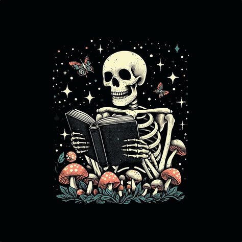 Night Reader Skeleton design. Night' life reading books, mashroom Skeleton Reading Book Wallpaper, Skeleton With Book, Skull Reading Book, Skeleton Reading Book Tattoo, Siobhan Core, Dark Reading Aesthetic, Reader Illustration, Kindle Inspiration, Reader Wallpaper