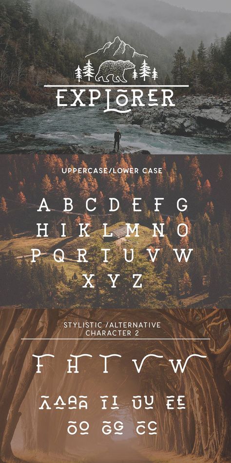 Adventure Typography Design, Nature Fonts Alphabet, Outdoorsy Font, Adventurous Typography, Outdoor Fonts, Rustic Typeface, Nature Fonts, Rustic Graphic Design, Travel Font