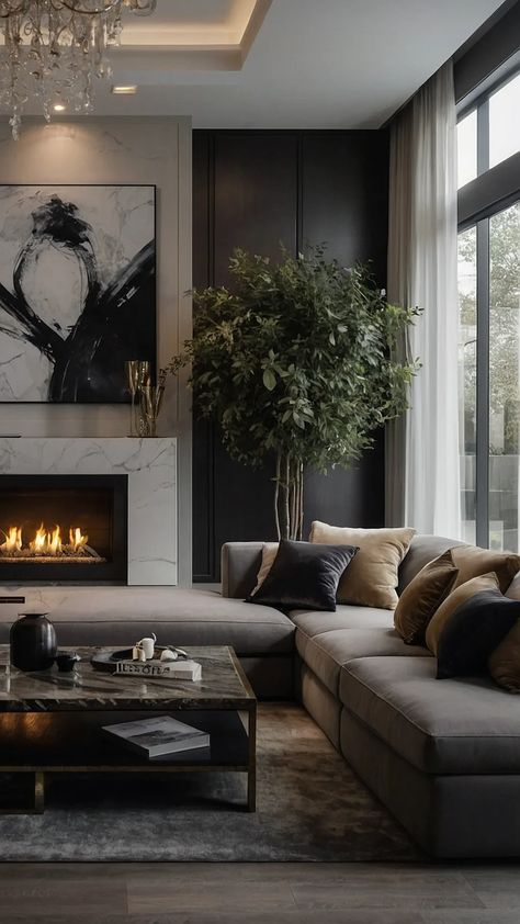 Chic Sophistication: 15 Must-Try Ideas for a Luxurious Living Room - Inspire Inlet Black Accent Living Room, Black Grey Living Room, Beautiful Home Library, Monochromatic Minimalist, Luxury Living Room Inspiration, Monochromatic Decor, Modern Luxury Living Room, Moody Living Room, Luxe Living Room