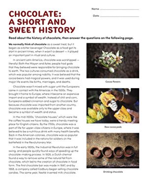 Chocolate: A Short and Sweet History | Worksheet | Education.com Chocolate History, English Language Activities, History Of Chocolate, Chocolate Ideas, History Worksheets, Teaching Techniques, Unit Studies, Chocolate Candy Bar, Food History