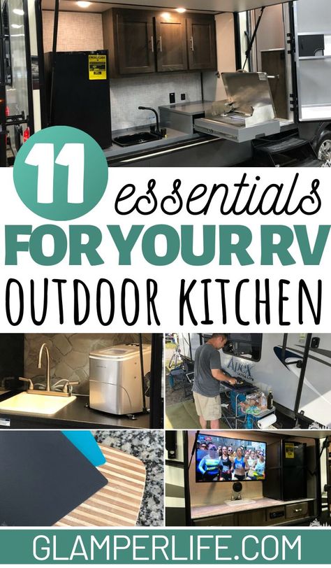 Summer's here and with that, camping season!  Does your RV have an outdoor kitchen? Whether it's a simple setup or elaborate, check out these must have items and accessories that you will want to pack for outdoor entertaining! Our must-have RV outdoor kitchen essentials list will get you thinking about campsite cooking and enjoying! #rvlife #kitchen #rv #camping #glamperlife Rv Camping Outdoor Setup, Rv Outside Setup, Outdoor Rv Setup, Rv Outdoor Kitchen Ideas, Camper Outdoor Kitchen, Rv Outdoor Kitchen, Camping Kitchen Set Up, Campsite Decorating, Campsite Setup