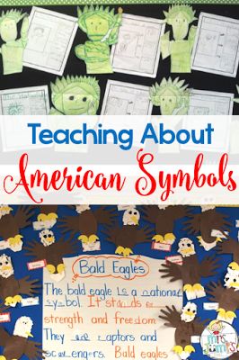 American symbols for kids in kindergarten and first grade with a free activity too! Crafts, reading comprehension, and writing lesson ideas. Usa Symbols United States, Lessons For 1st Grade, American Symbols Crafts, American Symbols Kindergarten, American Symbols Unit, Usa Symbols, United States Symbols, Kindergarten February, Patriotic Symbols