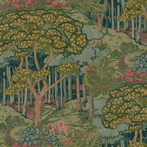 Ruskin - Emerald | Kravet Teal Wallpaper, W Wallpaper, Woodland Scene, Mcgee & Co, Brown Wallpaper, Tree Wallpaper, Wallpaper Direct, Fabric Houses, Country Style Homes