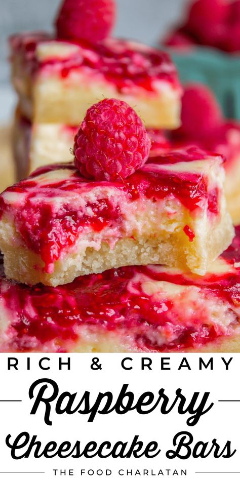 Raspberry Swirl Cheesecake Bars from The Food Charlatan. I should really call these Raspberry Cheesecake Bars with Copious Amounts of Fresh Raspberries Not to Mention a Shortbread Crust. (That's not too long is it??) These bars are so rich and creamy and I would say you can only have one, but I'm pretty sure I ate half the pan while shooting, so...yeah. These make a beautiful summer dessert for a potluck, BBQ, or picnic, and I know they'd be welcome for dessert on Mother's Day or Father's Day. Desserts Mothers Day, Pretty Mother’s Day Desserts, Quick Potluck Desserts, Deserts For Mother's Day, Mother’s Day Desert, Healthy Mother’s Day Dessert, Cute Mother’s Day Deserts, Summer Desserts For A Bbq, Raspberry Cheesecake Brownies