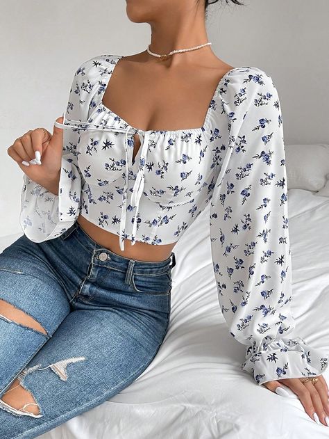 SHEIN VCAY Ditsy Floral Print Knot Front Flounce Sleeve Crop BlouseI discovered amazing products on SHEIN.com, come check them out! Vivi Fashion, Ditsy Floral Print, Flounce Sleeve, Ditsy Floral, Amazing Products, Knot, Floral Print, Floral Prints, Floral