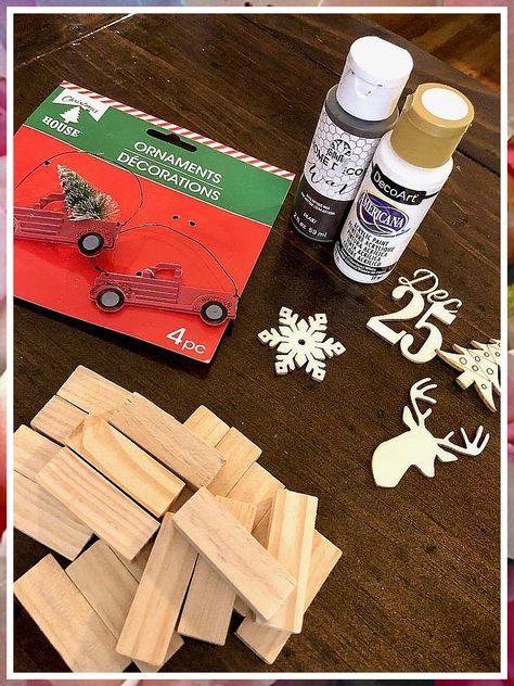 Christmas Decor Diy - Awesome! - Get your tips from the online store. Mini Pallet Christmas Crafts, Christmas Ornaments Made From Jenga Blocks, Dollar Tree Mini Pallet Crafts Christmas, Dollar Tree Crafts Christmas Ornaments, Best Selling Ornaments, Dollar Tree Wood Cutouts Christmas Ornaments, Jenga Ornament Ideas, Farmhouse Christmas Diy Decor, Dollar Tree Jenga Block Ornaments