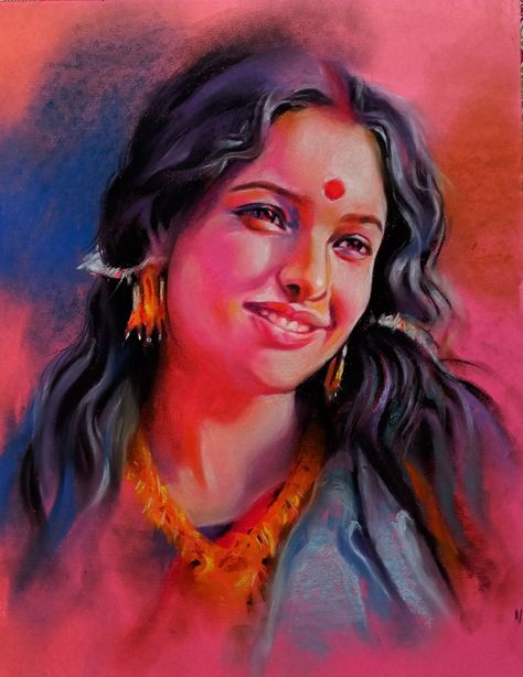 Soft Pastels Drawing Portraits, Soft Pastel Art Portraits, Bollywood Drawing, Colour Knowledge, Soft Pastel Portrait, Girls Painting, Soft Pastels Drawing, Bengali Art, Pencil Work