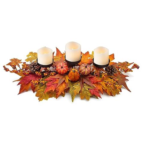 This fall centerpiece table decoration is made with three artificial pumpkins, natural real pine cones, faux maple leaves, red small berries. The measurement as a whole is 27.5" L x 10" W x 6" H. Each metal candle holder plate’s diameter is 3.2’’, so the diameter of a candle should not exceed 3’’.Three candle holder plates are made of metal and surface painting black, which guarantees it will not to rust easily. Mixed artificial handmade ornaments are foam and polyester fibre, it is safe to use. Mantel Candles, Christmas Centrepiece Table, Three Candle Holder, Table Candle Holders, Table Fireplace, Table Candle, Sunflower Party, Fall Table Centerpieces, Artificial Pumpkins