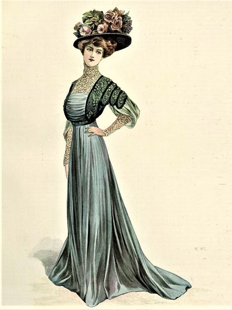 Fashion Plate - De Gracieuse - 1908 1908 Fashion, Blue Gown, Old Fashion, Fashion Illustration, A Woman, Blue