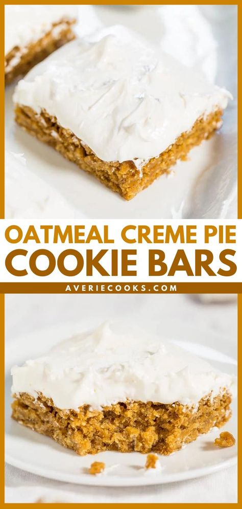 Iced Oatmeal Cookie Bars (Little Debbie Copycat!) - Averie Cooks Oatmeal Cookie Bars Recipes, Blondies Recipes, Oatmeal Creme Pies, Chewy Bars, Creme Pie, Cake Mix Cookie Bars, Baking Bad, Oatmeal Creme Pie, Oatmeal Cookie Bars