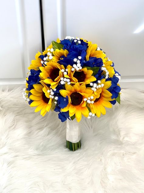 12 Sunflower Bridal Bouquet Royal Blue and Yellow | Etsy Blue And Yellow Bridesmaid Bouquet, Royal Blue And Sunflower Quinceanera, Yellow Blue Bouquet Wedding, Sunflower And Blue Roses Bouquet, Royal Blue And Sunflower Wedding Theme, Royal Blue Bouquet Quinceanera, Royal Blue Yellow Wedding, Blue And Yellow Bridal Bouquet, Royal Blue And Yellow Wedding Theme