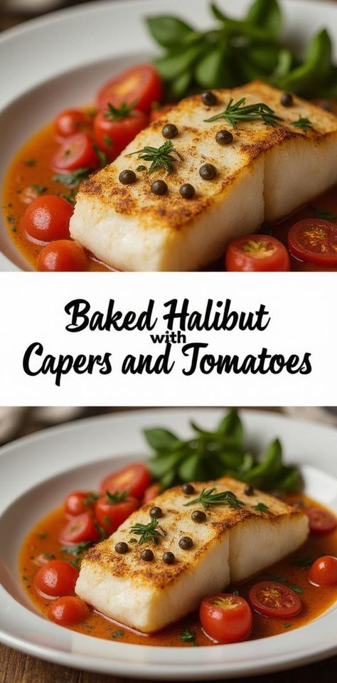 This Baked Halibut with Capers and Tomatoes is a fresh and flavorful dish! Perfect for a healthy dinner. #SeafoodSpecials #BakedHalibut #CapersAndTomatoes #HealthyEats Halibut Recipes Baked, Baked Halibut, Seafood Dinner Recipes, Spicy Shrimp Tacos, Simple Green Salad, Fish Sandwich, Sweet Potato Hash, Easy Seafood, Easy Seafood Recipes