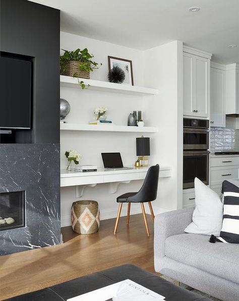 Built In Floating Desk Next to Black Marble Fireplace Mantel - Contemporary - Living Room Floating Shelves Living Room, Built In Shelves Living Room, White Floating Shelves, Living Room And Kitchen, Fireplace Built Ins, Desk In Living Room, Built In Desk, Family Room Design, Built In Shelves