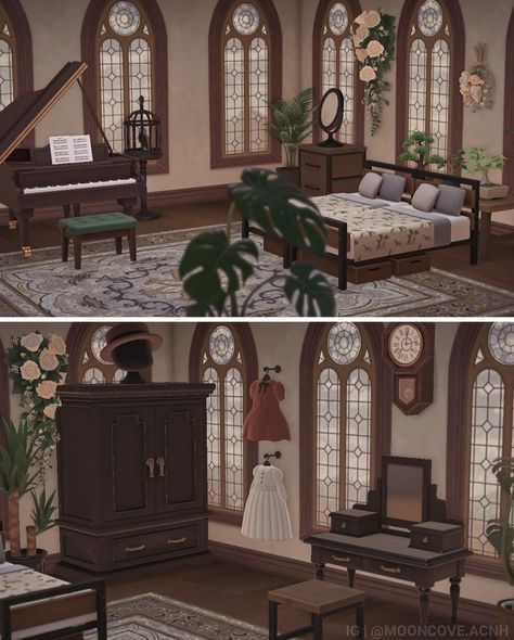 Animal Crossing Cottage Core Bedroom, Acnh Bedroom Ideas, Acnh Bedroom Design, Acnh Bedroom, Dark Academia Kitchen, Cottage Core Bedroom, Dark Academia Interior, Antique Living Room, Dark Cottage Core